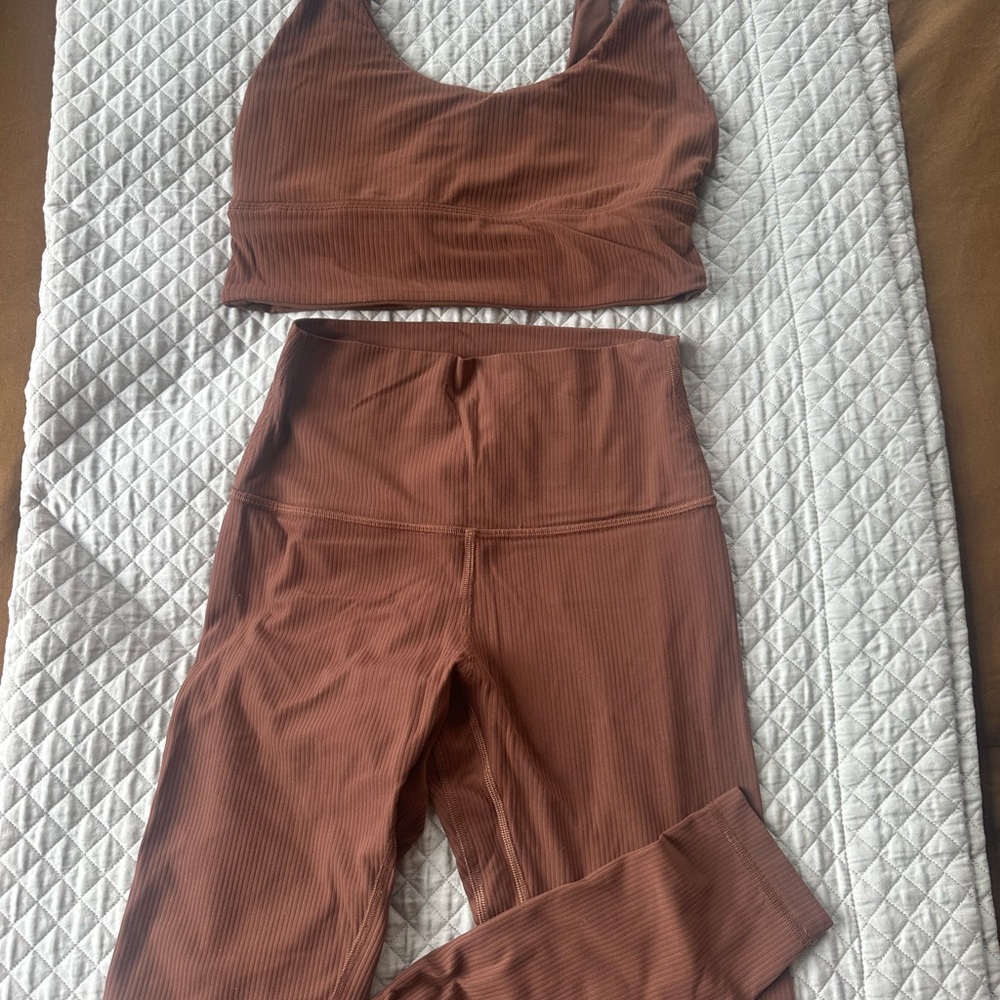 Brown Ribbed Sports Bra and Leggings Set